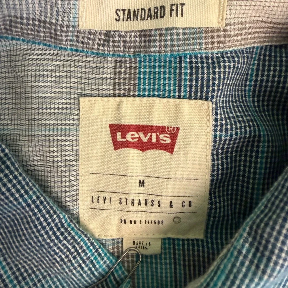 Levis Mens M Shirt Blue Grey Western‎ Plaid Short Sleeve Pearl Snap
